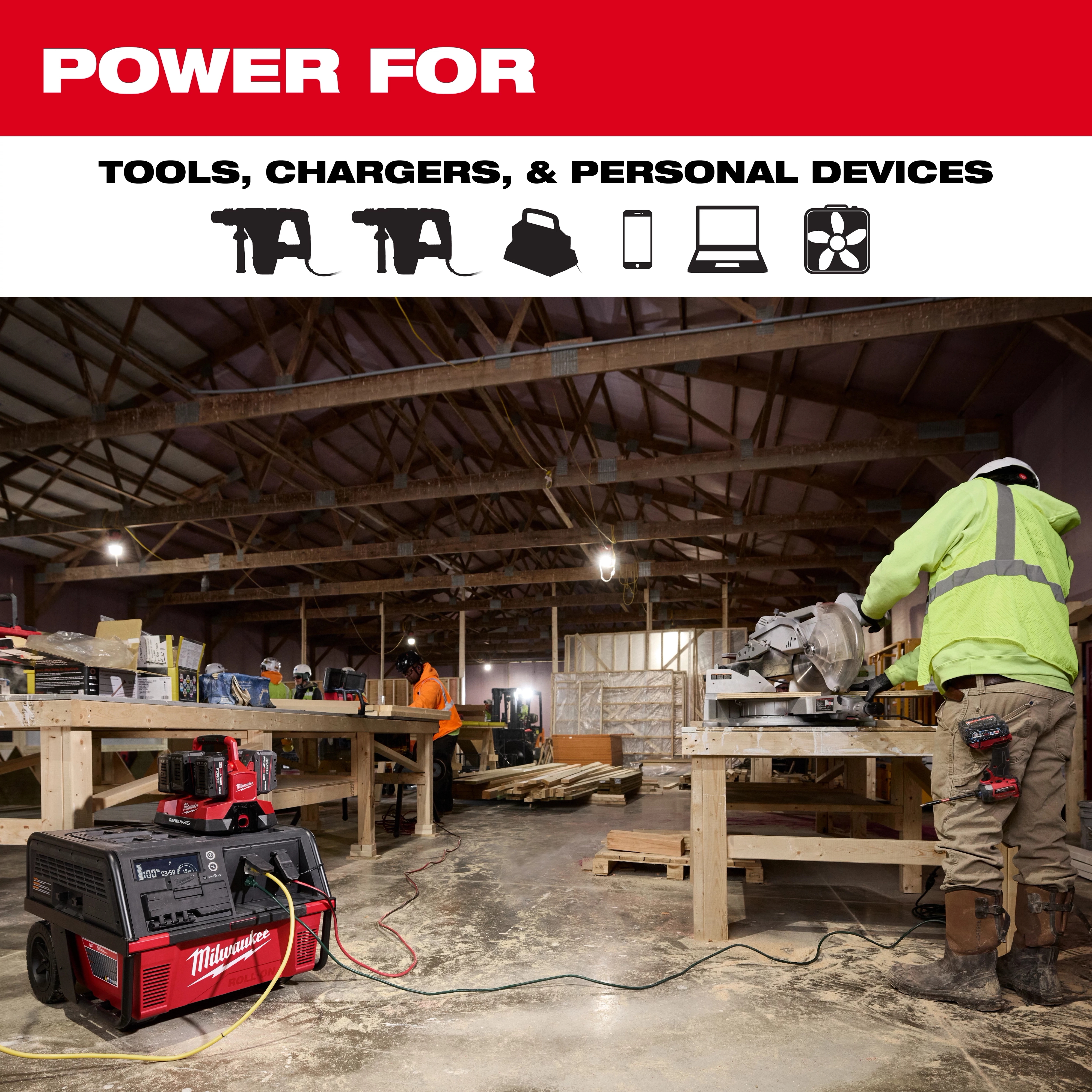 ROLL-ON 7200W/3600W 6.0kWh Power Supply on a workshop floor powering tools and equipment.