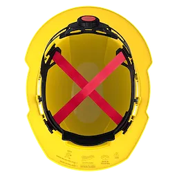 Top view of a yellow hard hat with red and black internal straps for head support.