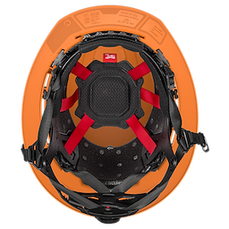 BOLT™ Orange Full Brim Vented Safety Helmet – Type 2, Class C. The image shows the inside view of the helmet, displaying red straps and black padding for head protection and comfort. The helmet interior also has multiple vent holes for air circulation.