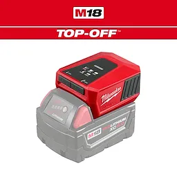 The M18™ TOP-OFF™ Charger & Power Supply is a red and black device with USB ports and indicator lights. It is shown attached to an M18 REDLITHIUM XC 5.0 battery.