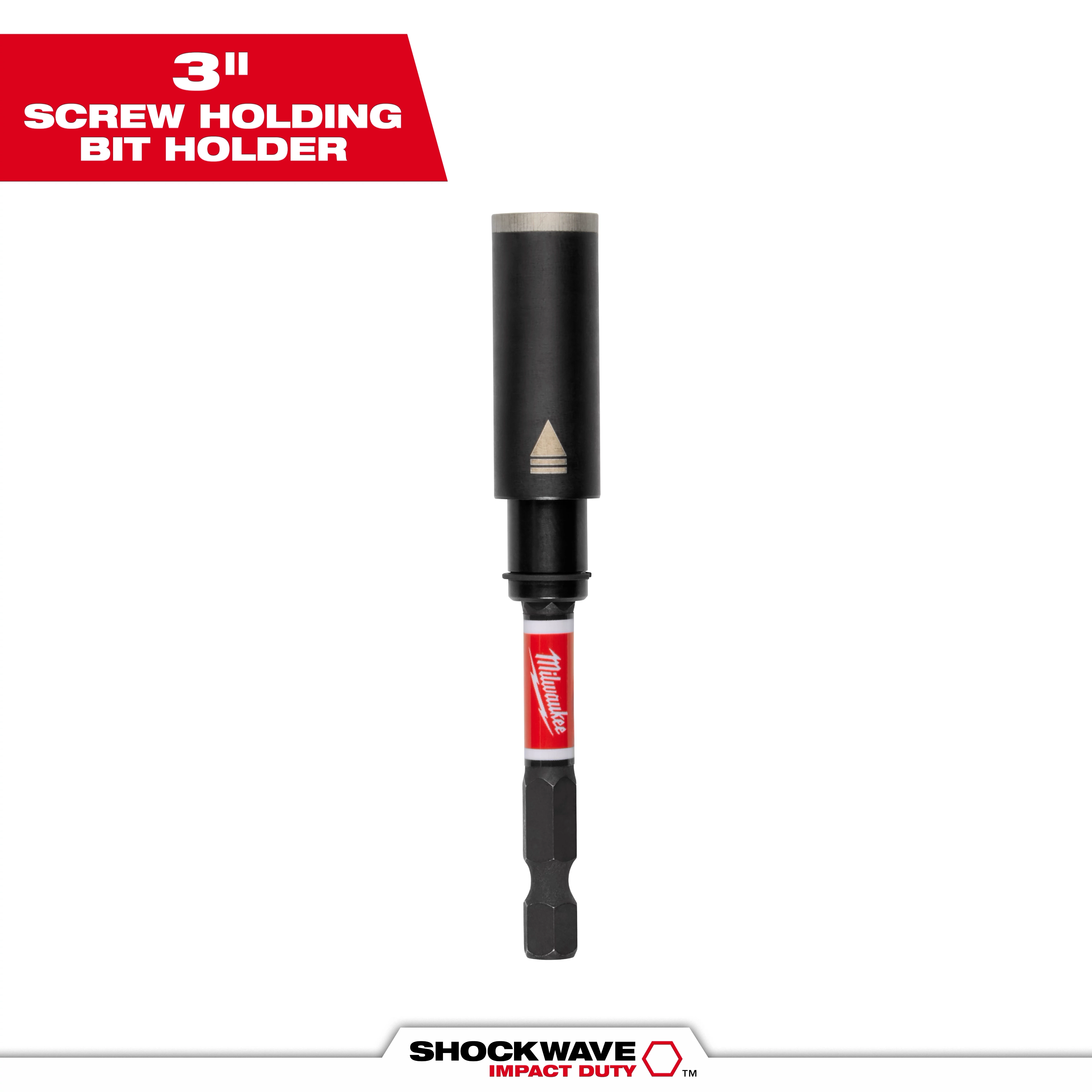 The image shows a 3-inch screw-holding bit holder from Milwaukee's Shockwave Impact Duty line. The bit holder is black with a metallic tip and a red middle section displaying the Milwaukee logo.
