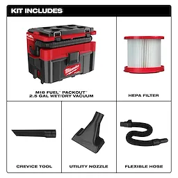 M18 FUEL PACKOUT 2.5 Gallon Wet/Dry Vacuum kit includes crevice tool, vacuum power tool adapter, HEPA filter, utility nozzle, and flexible hose.