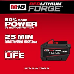 M18 REDLITHIUM FORGE HD15 Battery Pack displayed on a red background with white performance text.