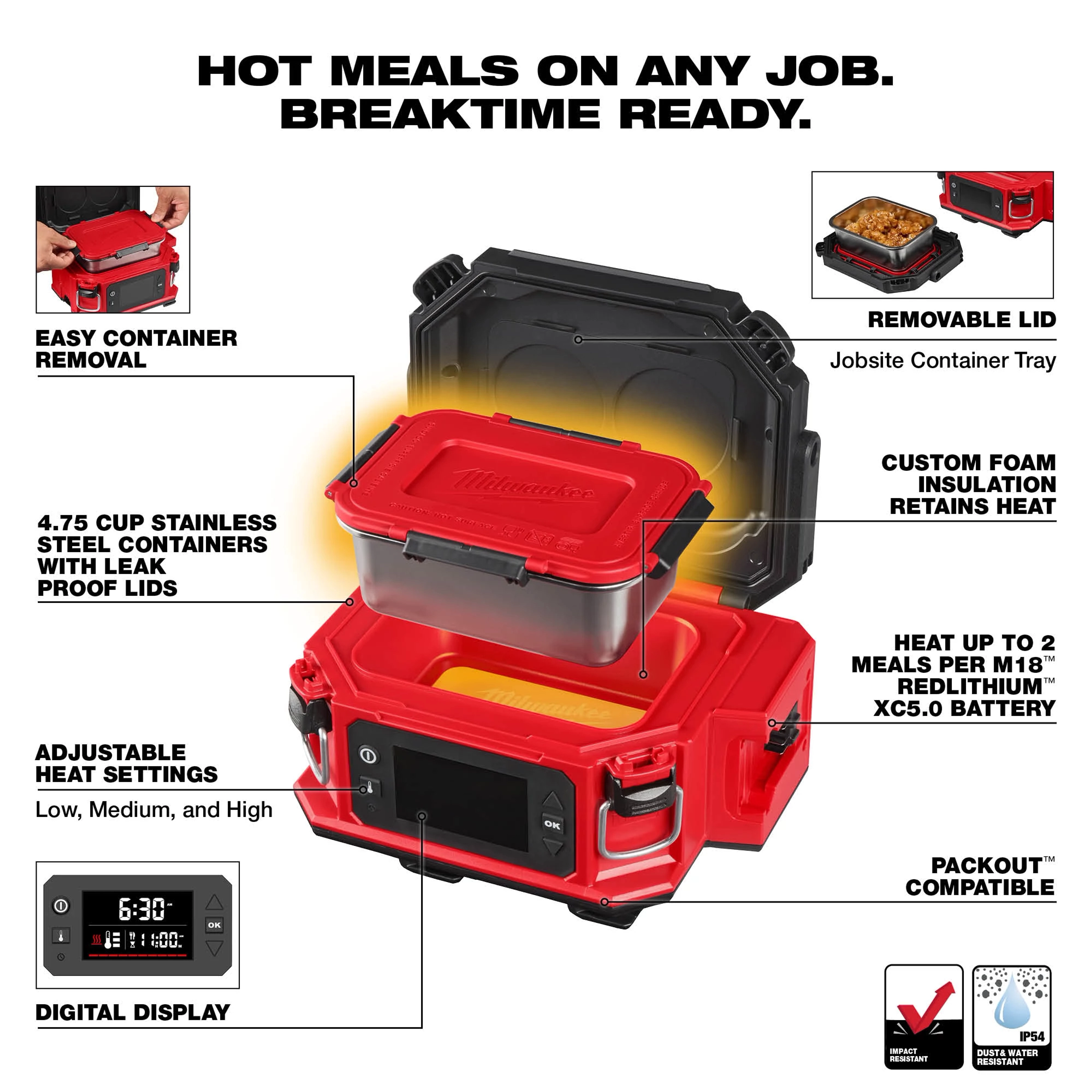 M18 Jobsite Lunch Warmer with open lid, digital display, and removable food container on a compact base.