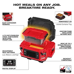 M18 Jobsite Lunch Warmer with open lid, digital display, and removable food container on a compact base.