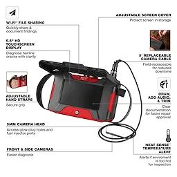 The Milwaukee M12™ Auto Shop Borescope features Wi-Fi® file sharing, a 5.5" HD touchscreen display, adjustable hand straps, a 5mm camera head, front and side cameras, an adjustable screen cover, a 5' replaceable camera cable, draw and audio capabilities, and Heat Sense™ temperature alerts for efficient automotive inspections.