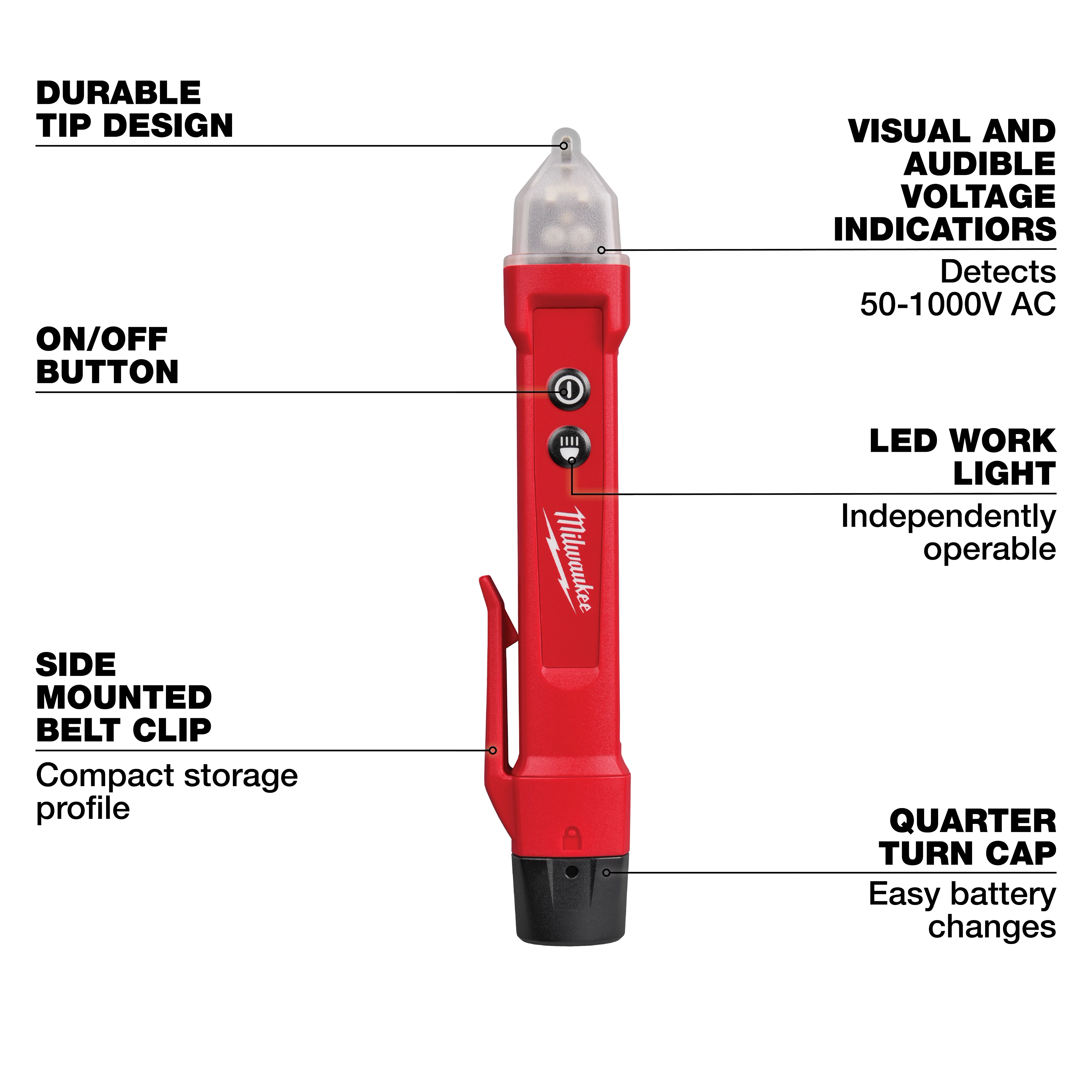Red Voltage Detector with durable tip design, visual and audible indicators, on/off button, LED work light, side-mounted belt clip, and quarter turn cap.