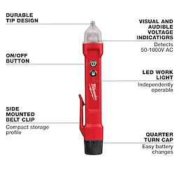 Red Voltage Detector with durable tip design, visual and audible indicators, on/off button, LED work light, side-mounted belt clip, and quarter turn cap.