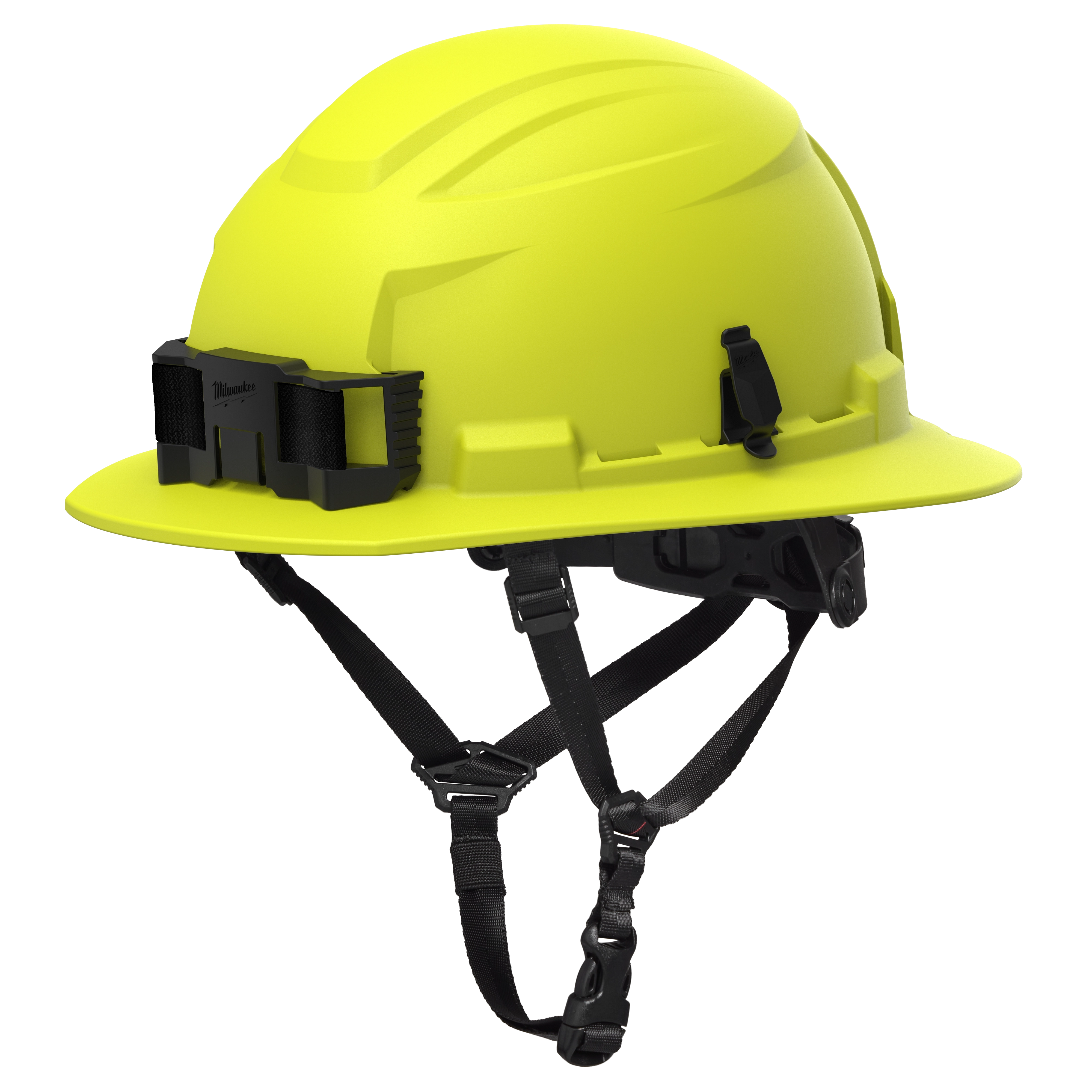 BOLT™ High Visibility Green Full Brim Safety Helmet – Type 2, Class E features a bright green color and a full brim design. It includes a black strap system for a secure fit and a front-mounted accessory attachment.