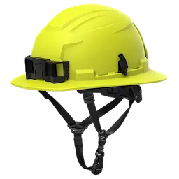 BOLT™ High Visibility Green Full Brim Safety Helmet – Type 2, Class E features a bright green color and a full brim design. It includes a black strap system for a secure fit and a front-mounted accessory attachment.
