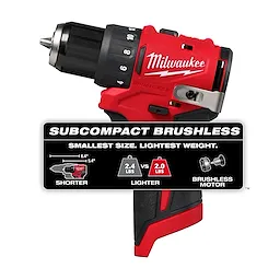 The M12™ Subcompact Brushless 3/8" Drill/Driver is shown. It features a compact, lightweight design, weighing 2.0 lbs, and includes a 6.4" length comparison image with shorter and lighter specifications.
