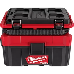 Milwaukee M18 FUEL PACKOUT 2.5 Gallon Wet/Dry Vacuum with a black and red design, secure latches, and storage compartments on top.