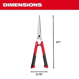 10” Hedge Shears​ with long blades and two-tone handles, shown with 27" height and 8.75" width measurements.