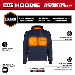 The M12™ Heated Hoodie features Hexon heat technology, reinforced pockets, hidden draw strings, and rib knit cuffs and waist. It offers fast heat-up, extended warmth, and great heat coverage. The hoodie is washer and dryer safe and available in multiple colors.