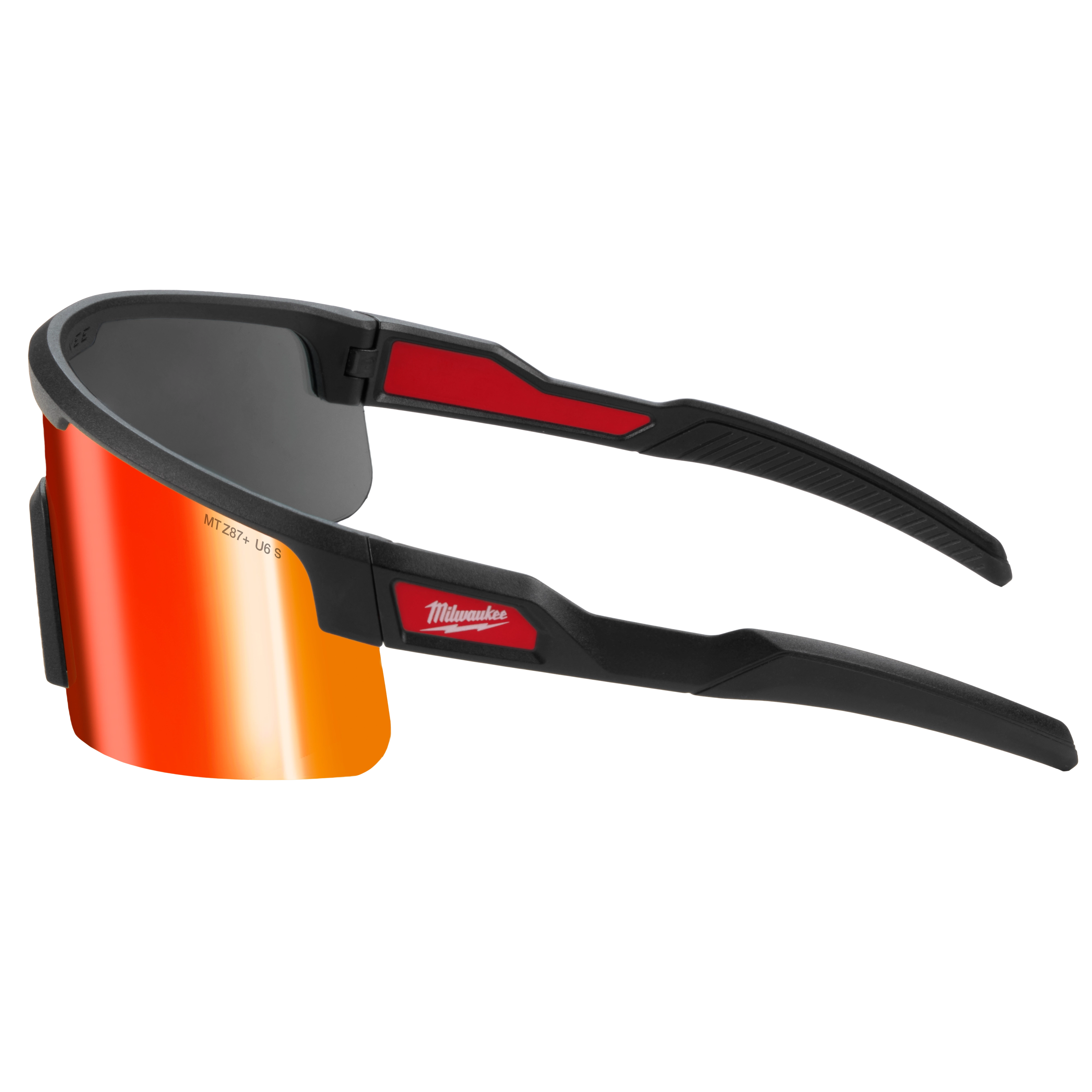 Wrap Around Safety Glasses with Red Mirrored Anti-Scratch Lenses feature black and red adjustable frames, designed for secure fit and durability. The lenses provide enhanced eye protection and a modern look.