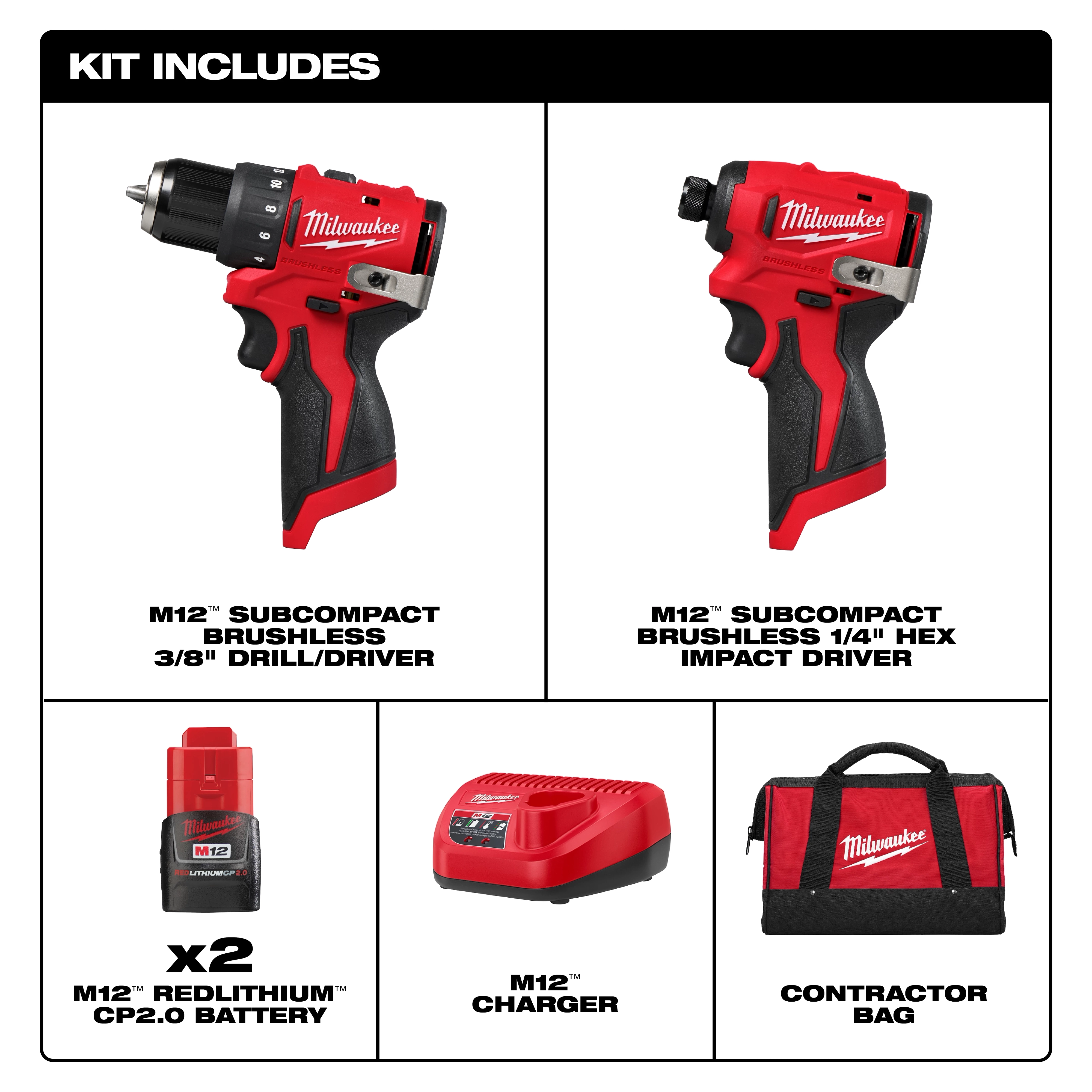 The image shows components of a toolkit: an M12 subcompact brushless 3/8" drill/driver, an M12 subcompact brushless 1/4" hex impact driver, two M12 REDLITHIUM CP2.0 batteries, an M12 charger, and a Milwaukee-branded contractor bag. The top text reads "Kit Includes."