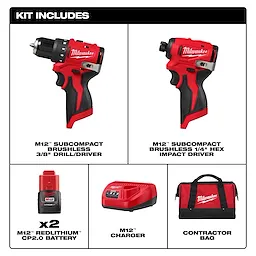 The image shows components of a toolkit: an M12 subcompact brushless 3/8" drill/driver, an M12 subcompact brushless 1/4" hex impact driver, two M12 REDLITHIUM CP2.0 batteries, an M12 charger, and a Milwaukee-branded contractor bag. The top text reads "Kit Includes."