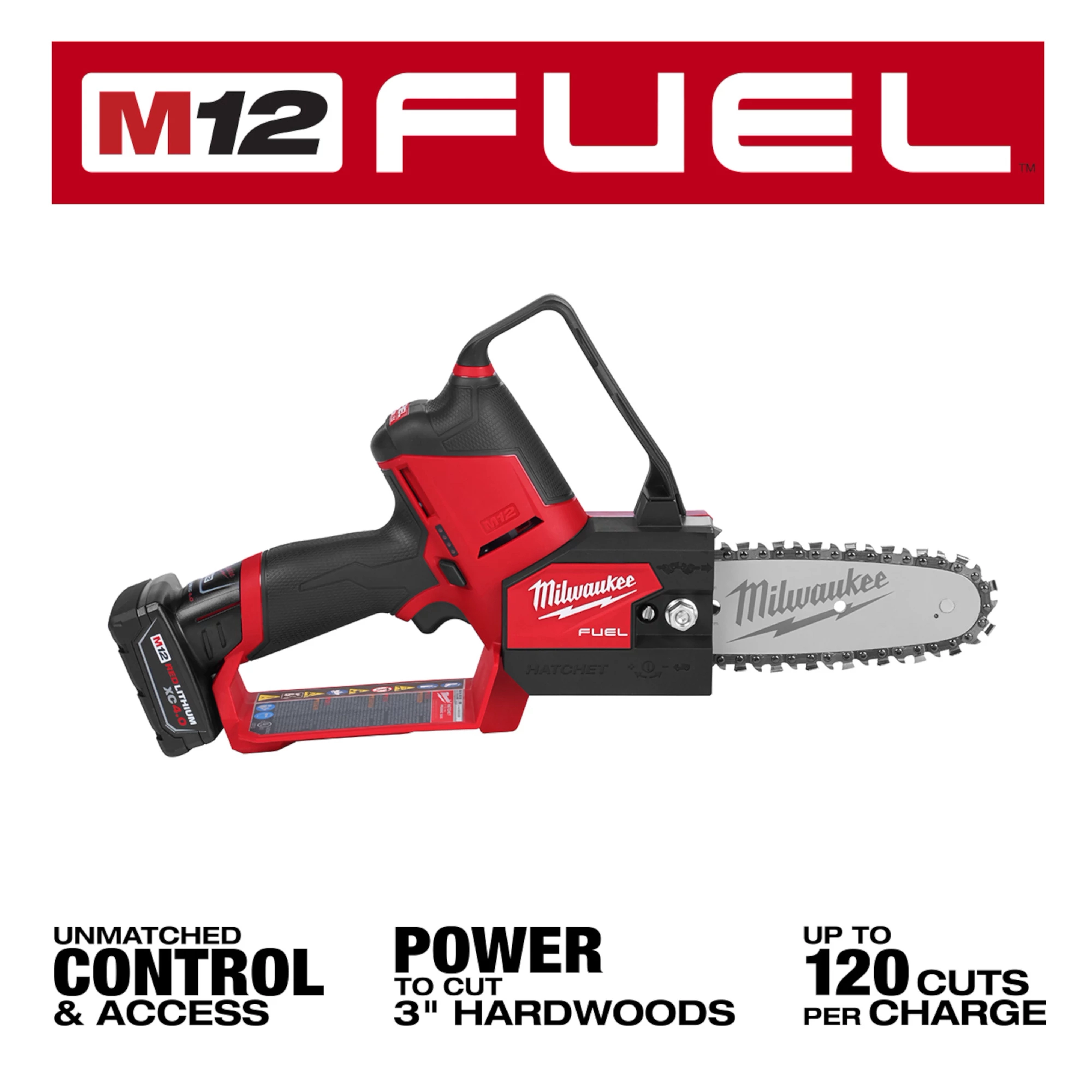 Milwaukee M12 FUEL HATCHET 6” Pruning Saw with a compact design, capable of 120 cuts per charge and cutting 3” hardwoods.