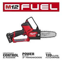 Milwaukee M12 FUEL HATCHET 6” Pruning Saw with a compact design, capable of 120 cuts per charge and cutting 3” hardwoods.