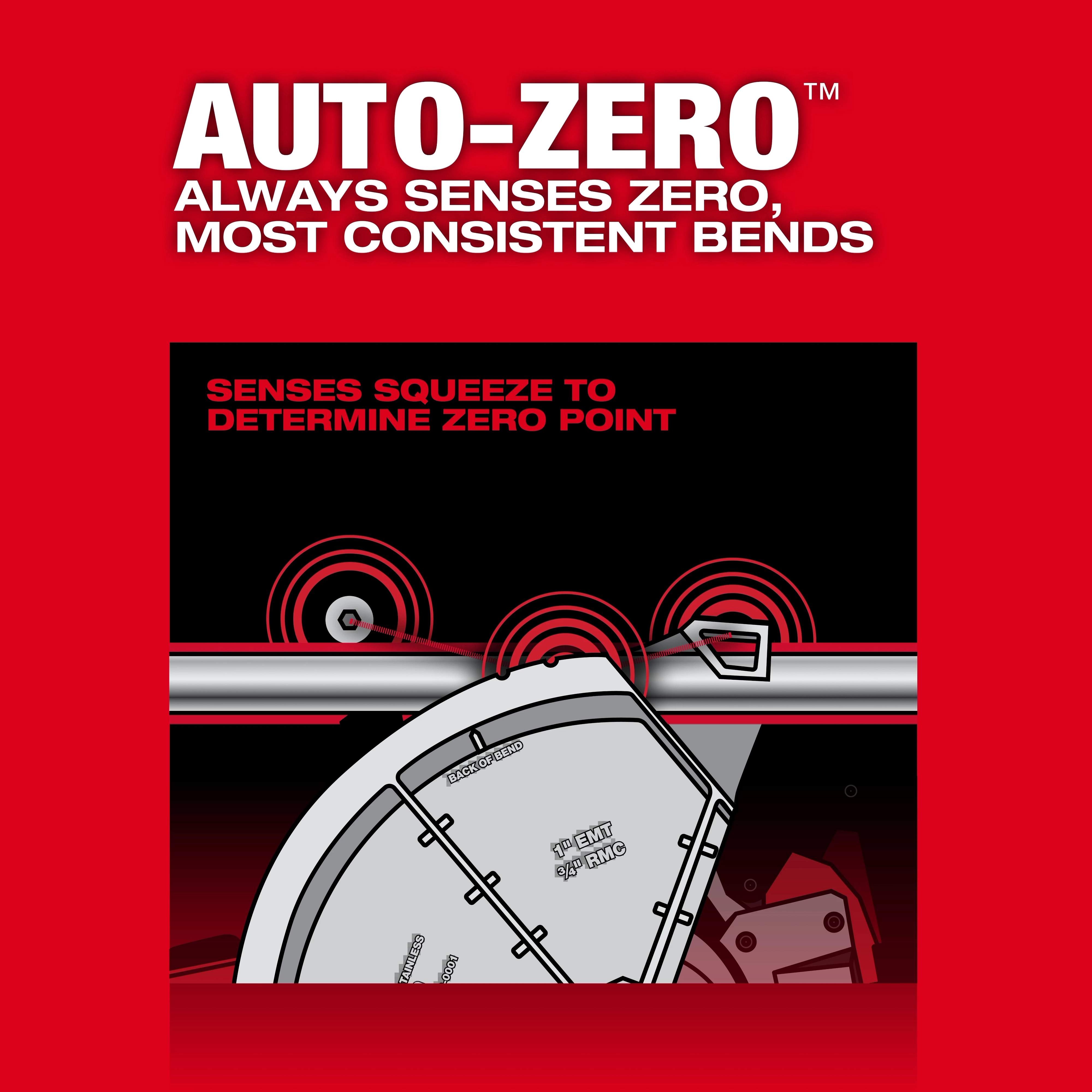 The image showcases the M18 FUEL™ BRANCH CONDUIT BENDER w/ AUTO-ZERO™, emphasizing its ability to sense the zero point for consistent bends. It features a detailed illustration of the product detecting the zero point with the text promoting its AUTO-ZERO™ technology for precise bending.