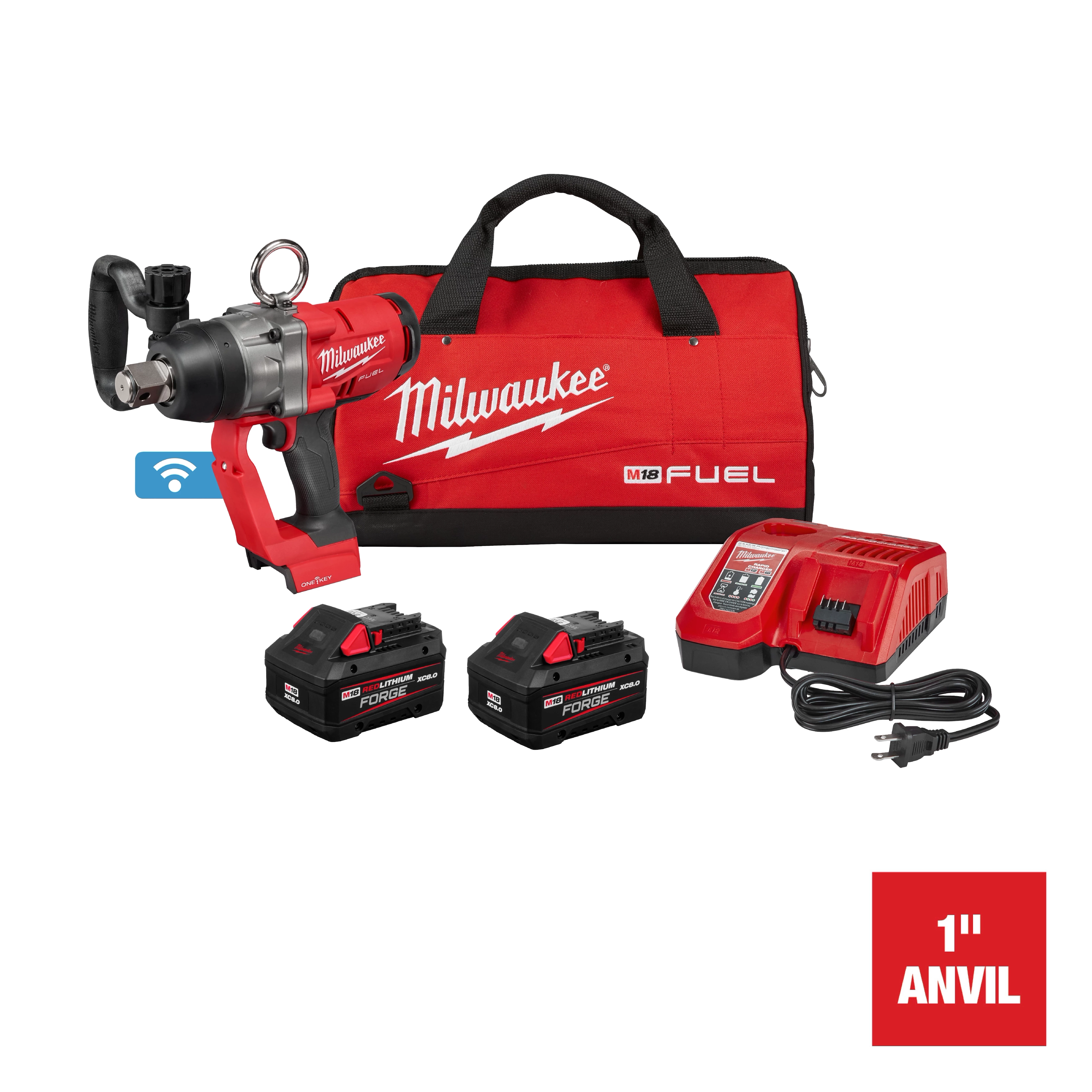 The image shows the M18 FUEL™ 1" High Torque Impact Wrench w/ ONE-KEY™. Included are the red and black impact wrench, two battery packs, a charger, a red and black carrying case with the Milwaukee FUEL logo, and a "1'' ANVIL" label in the corner.