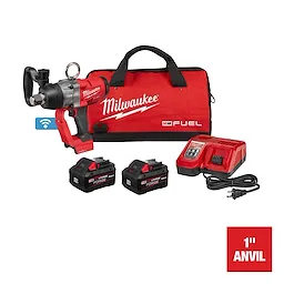 The image shows the M18 FUEL™ 1" High Torque Impact Wrench w/ ONE-KEY™. Included are the red and black impact wrench, two battery packs, a charger, a red and black carrying case with the Milwaukee FUEL logo, and a "1'' ANVIL" label in the corner.
