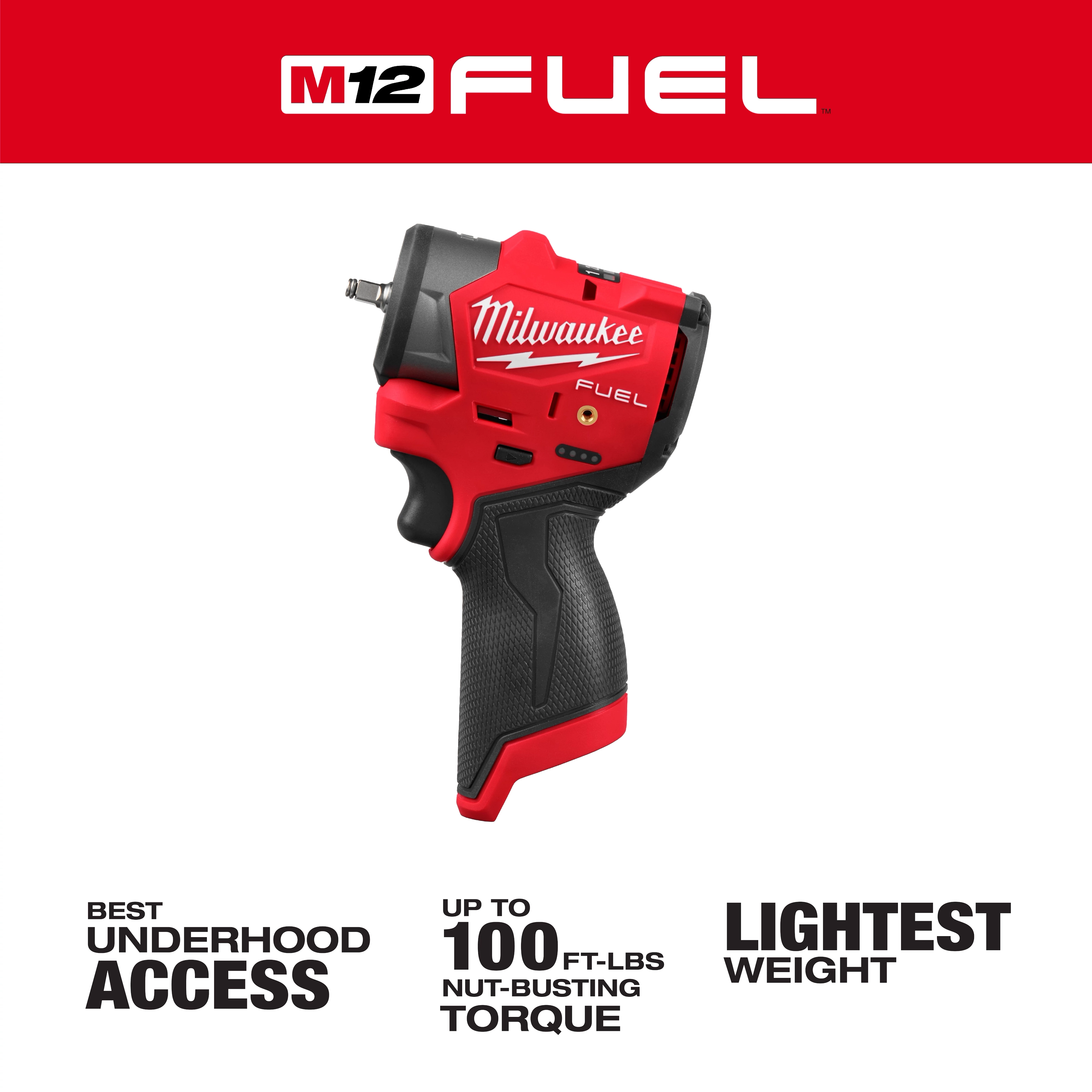 The M12 FUEL™ 1/4" Subcompact Impact Wrench w/ Friction Ring features a lightweight design. It offers up to 100 ft-lbs of nut-busting torque and is ideal for underhood access.