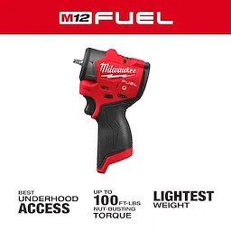 The M12 FUEL™ 1/4" Subcompact Impact Wrench w/ Friction Ring features a lightweight design. It offers up to 100 ft-lbs of nut-busting torque and is ideal for underhood access.