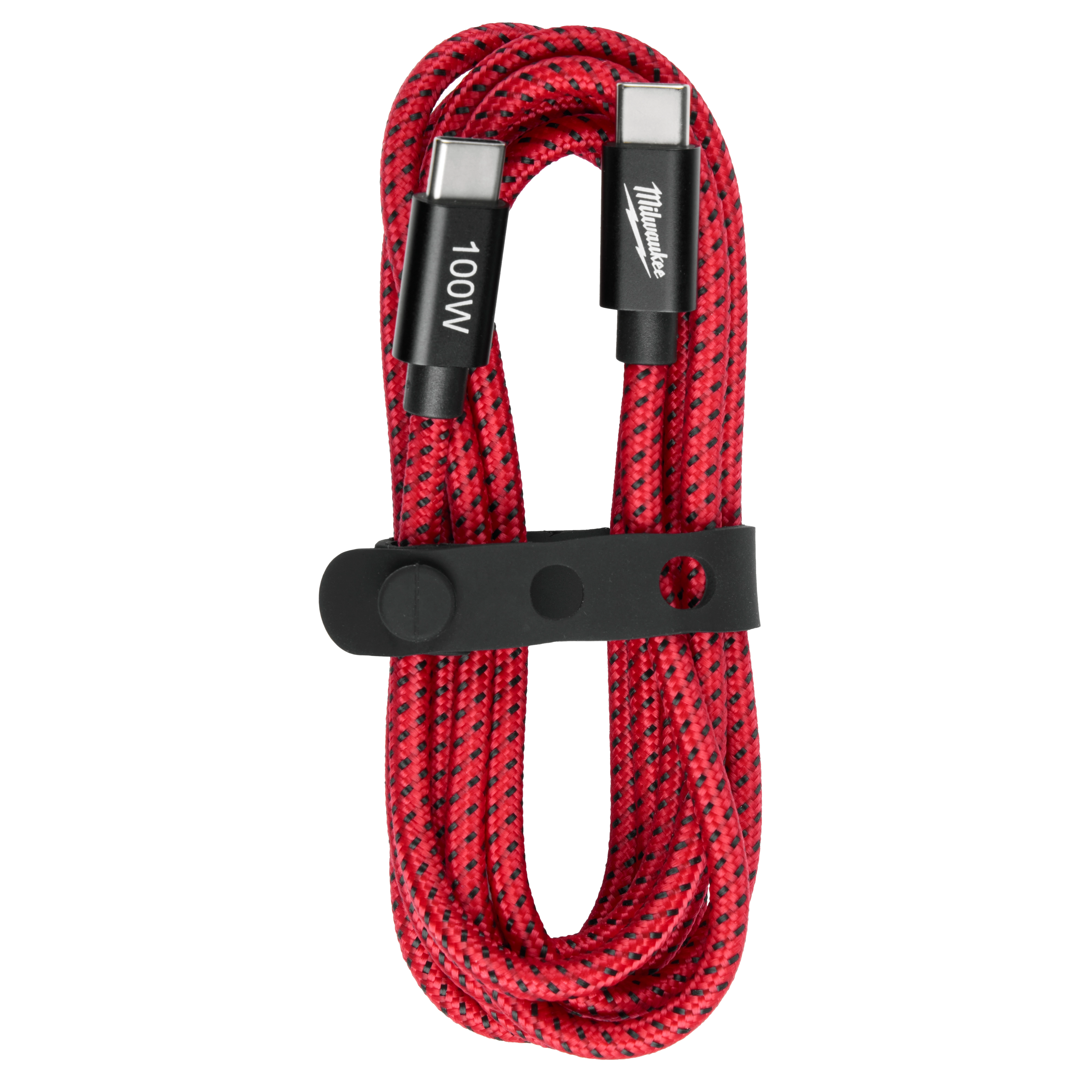 The image displays a 100W 6ft USB-C Cable wrapped neatly with a black strap. The cable is red with black woven accents, featuring USB-C connectors on both ends that are labeled with "100W".