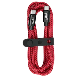 The image displays a 100W 6ft USB-C Cable wrapped neatly with a black strap. The cable is red with black woven accents, featuring USB-C connectors on both ends that are labeled with "100W".