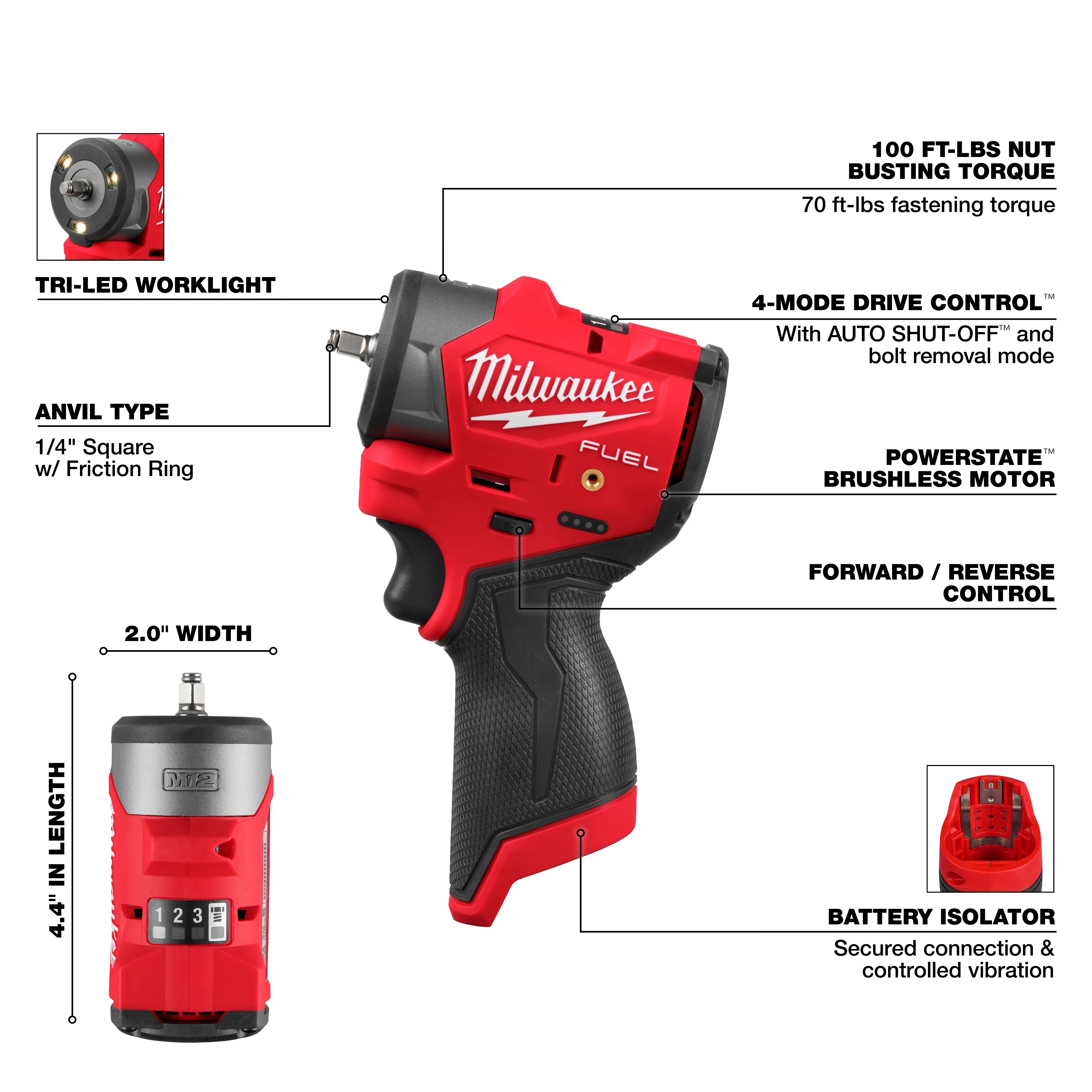 Milwaukee M12 FUEL™ 1/4" Subcompact Impact Wrench w/ Friction Ring features a Tri-LED work light, Powerstate™ Brushless Motor, and 4-mode drive control. It offers 100 ft-lbs of nut-busting torque and has forward/reverse control, a battery isolator, and a 1/4" square anvil type. Dimensions are 4.8" length and 2" width.