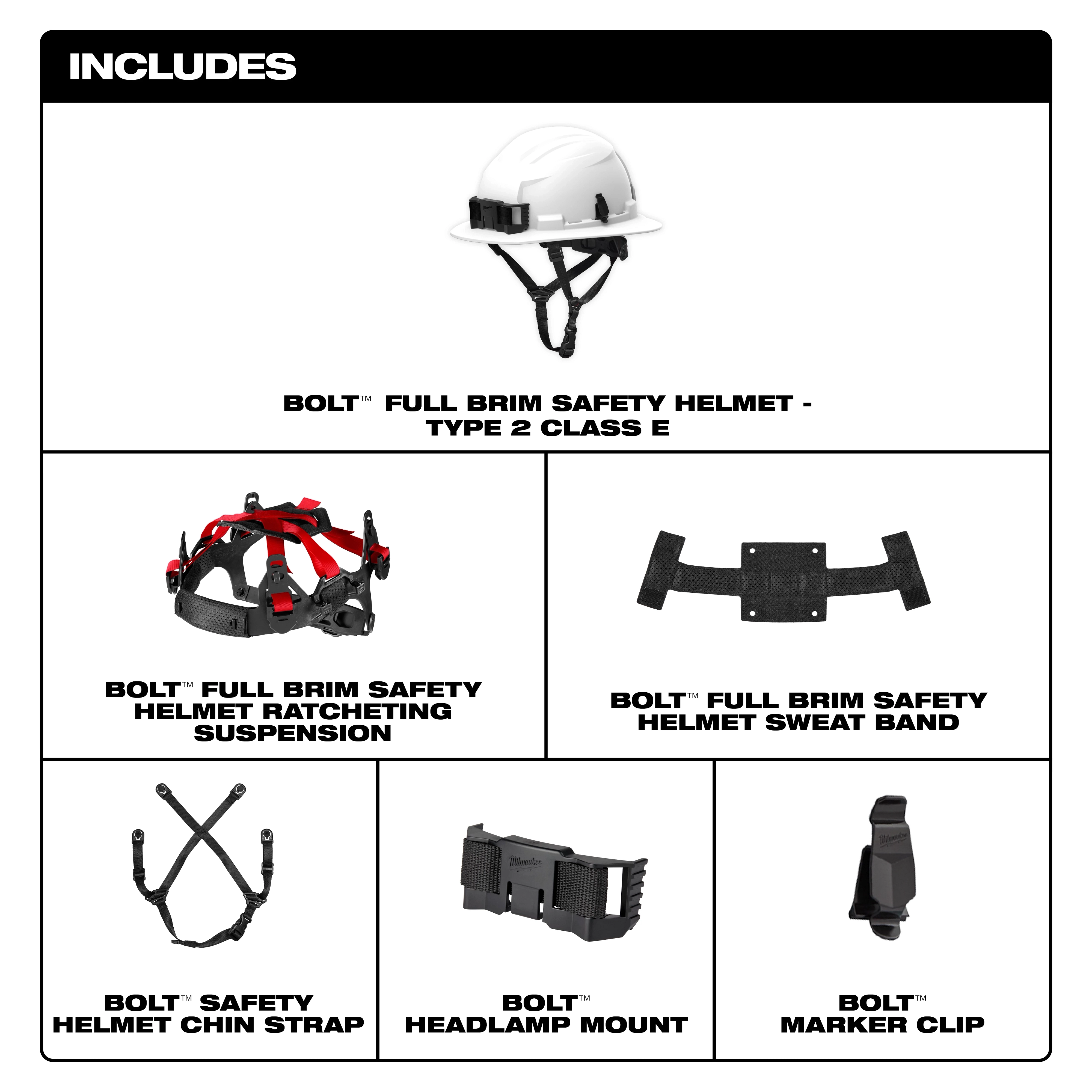 The BOLT™ Full Brim Safety Helmet – Type 2, Class E includes a safety helmet, ratcheting suspension, sweatband, chin strap, headlamp mount, and marker clip. The helmet is white and includes adjustable straps.