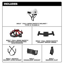 The BOLT™ Full Brim Safety Helmet – Type 2, Class E includes a safety helmet, ratcheting suspension, sweatband, chin strap, headlamp mount, and marker clip. The helmet is white and includes adjustable straps.