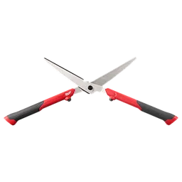 10” Hedge Shears with red and black handles and serrated metal blades, crossed at the center joint.