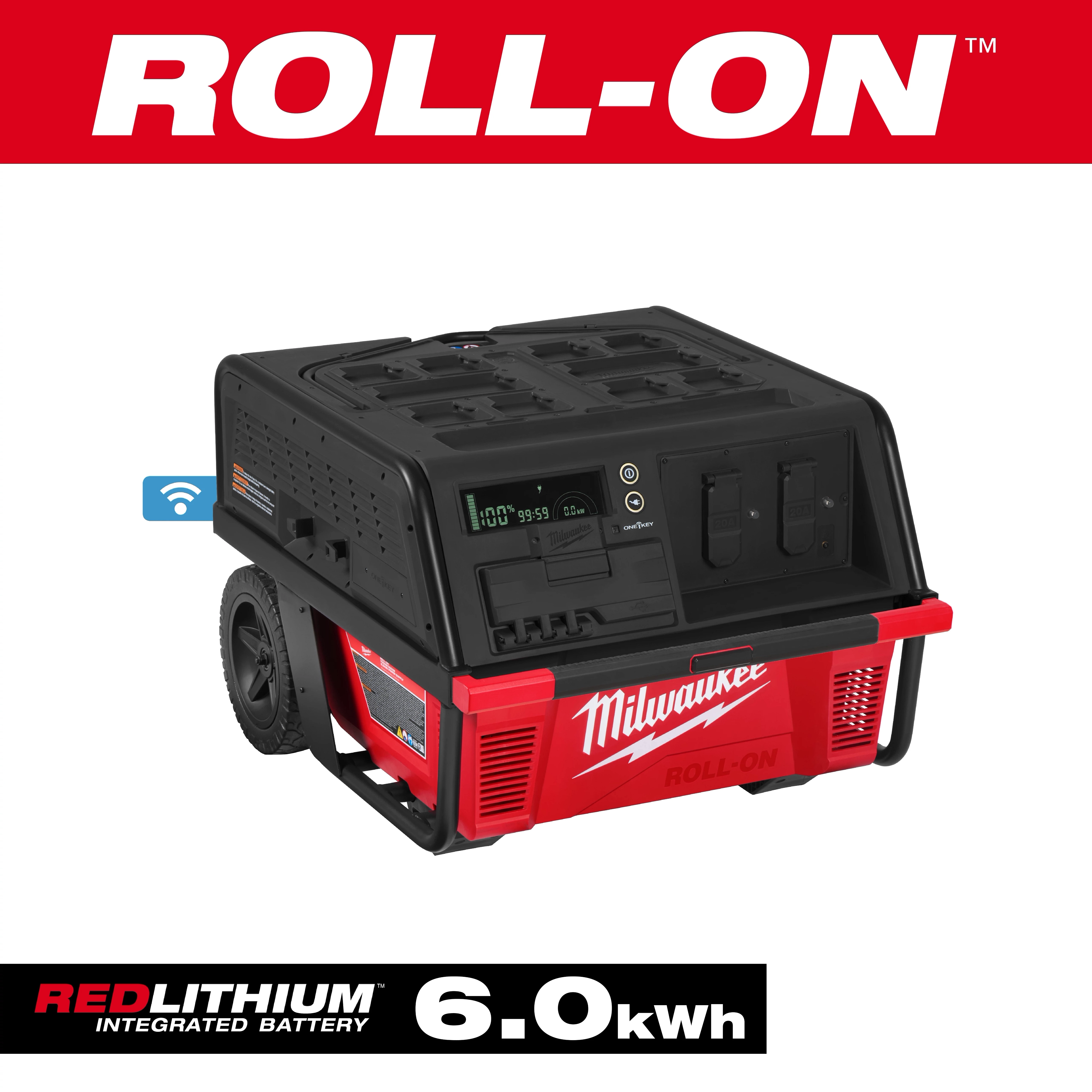 ROLL-ON 7200W/3600W 6.0kWh Power Supply portable unit with wheels, handle, outlets, and display on a white background.