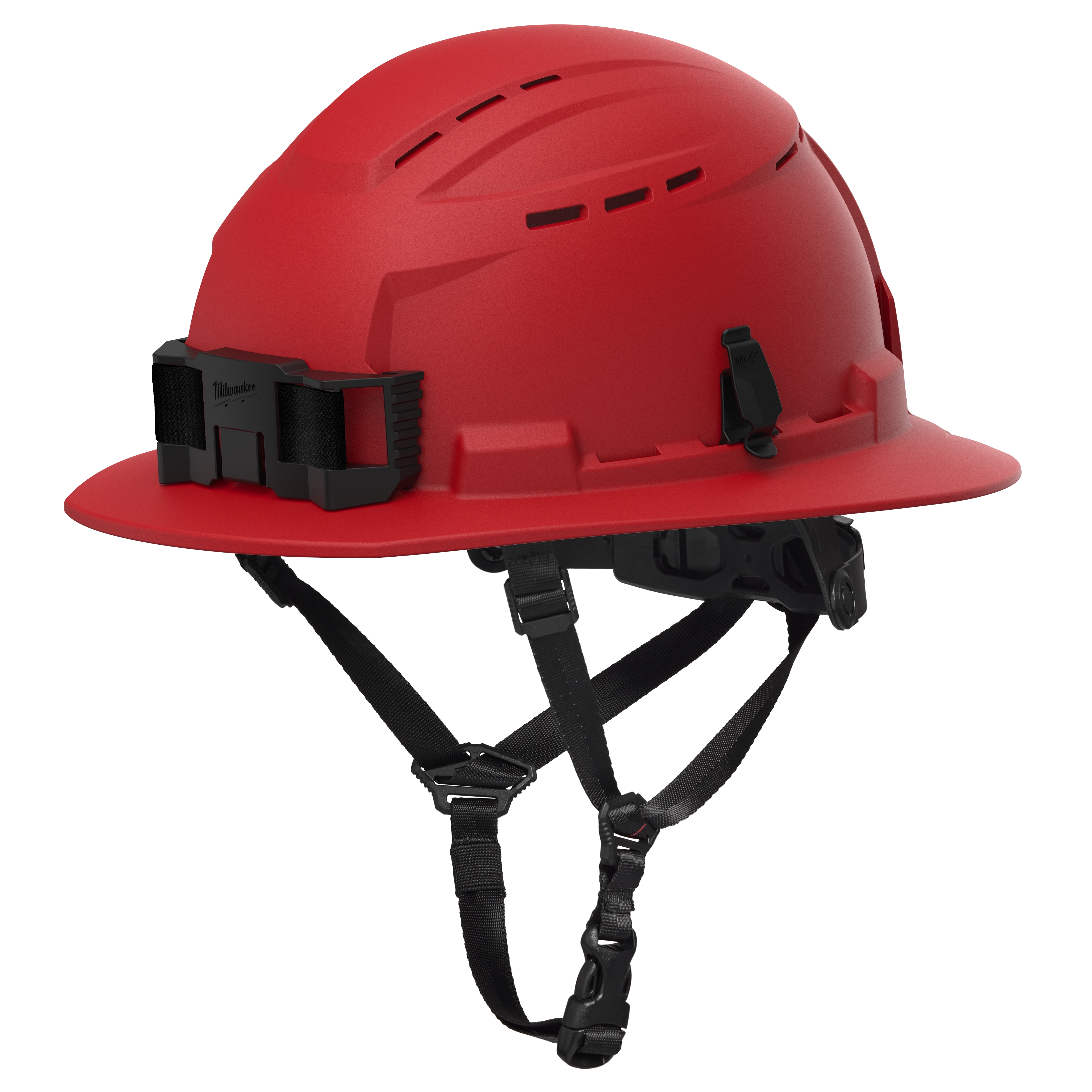 The BOLT™ Red Full Brim Vented Safety Helmet – Type 2, Class C features a red full-brim design with ventilation slots and adjustable chin straps, providing enhanced head protection and comfort.
