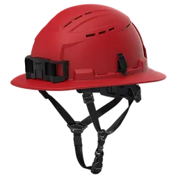The BOLT™ Red Full Brim Vented Safety Helmet – Type 2, Class C features a red full-brim design with ventilation slots and adjustable chin straps, providing enhanced head protection and comfort.