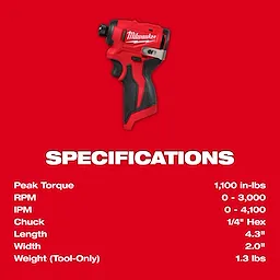 This image shows a red Milwaukee power tool and its specifications. Peak torque is 1,100 in-lbs; RPM ranges from 0-3,000; and IPM ranges from 0-4,100. It has a 1/4" hex chuck, a length of 4.3", a width of 2.0", and a tool-only weight of 1.3 lbs.