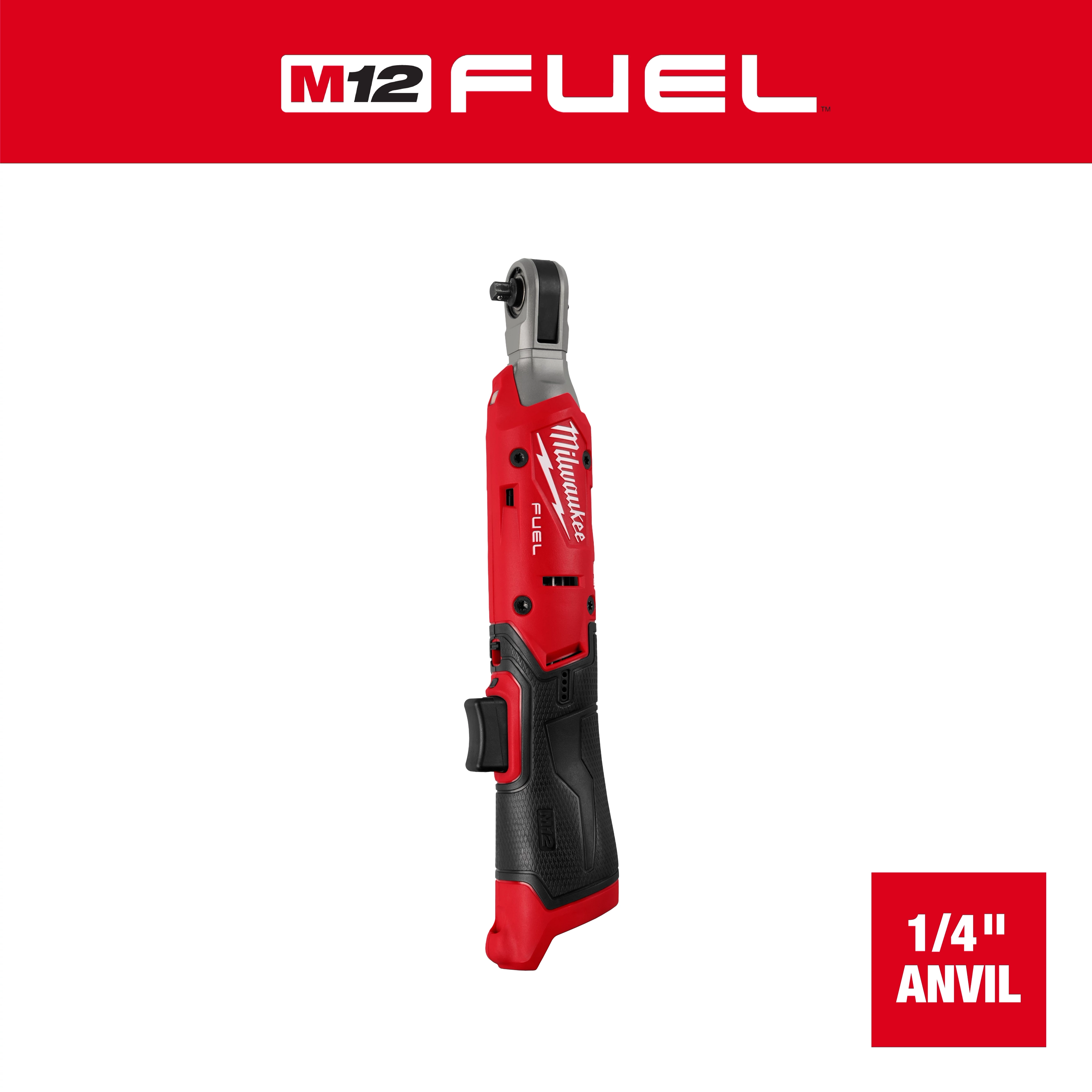 Milwaukee M12 FUEL™ 1/4" Ratchet features a red and black design with ergonomic rubber grip handle. It has a small head and anvil for tight spaces. Visible branding reads "Milwaukee FUEL". Positioned vertically against a red background with text "1/4" Anvil" indicating the tool's specifications.