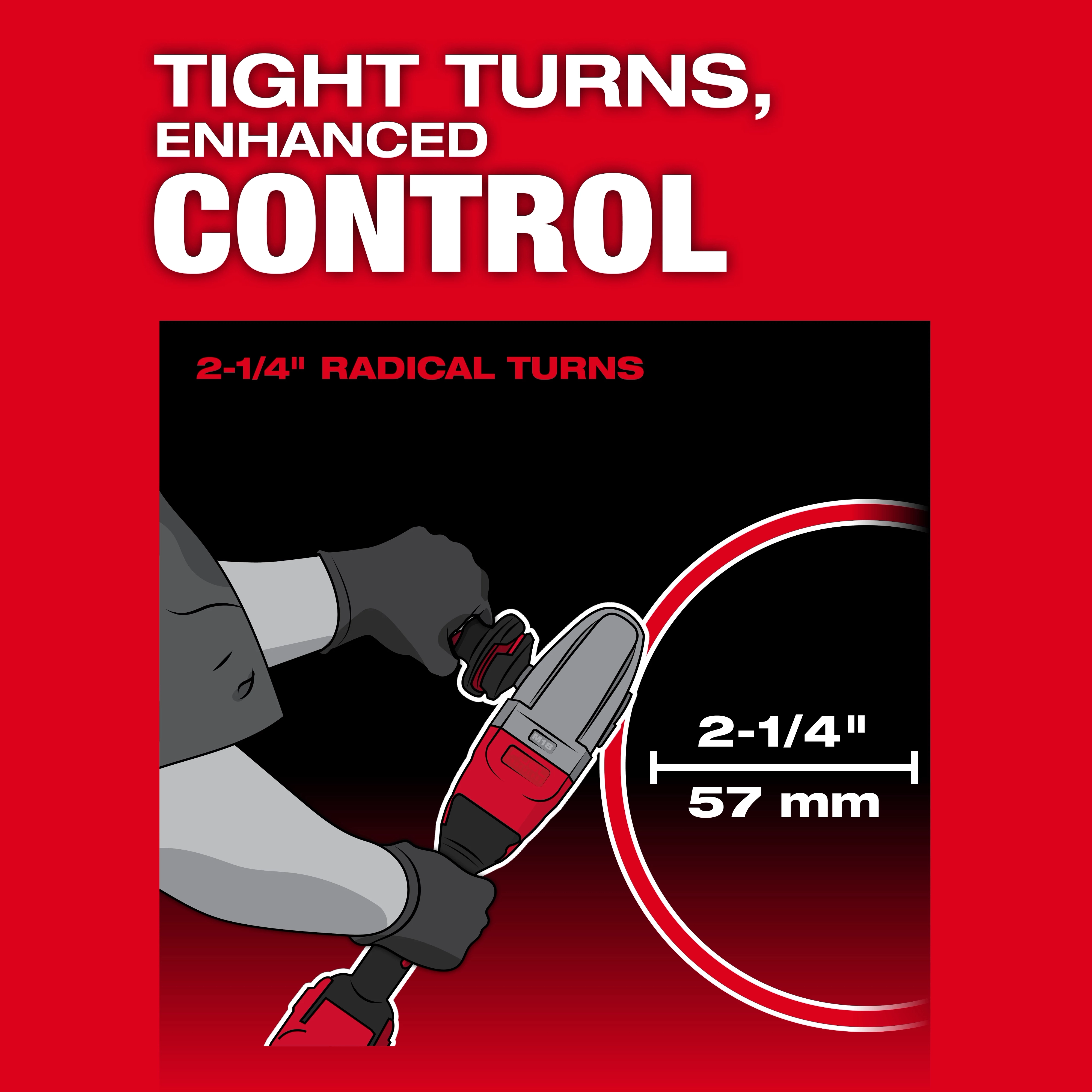 This image shows the M18 FUEL™ 10 Gauge Nibbler making a 2-1/4 inch (57 mm) radius turn, emphasizing its capability for tight turns and enhanced control.