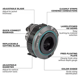 1.6" - 1.8" Adjustable Bushing for M18 FUEL™ Covered Conductor Cable Stripper features adjustable blade and diameter, quick-connect bushings, replaceable cutting blade, laser-etched sizing, color coding, and a free-floating plate for clean stripping of covered conductors.