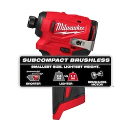 Image of a red Milwaukee subcompact brushless motor tool. A banner promotes it as the "Smallest Size. Lightest Weight.," comparing it to a larger tool, highlighting its lighter weight (1.7 lbs vs 2.0 lbs) and shorter length (4.3 inches vs 5.4 inches).