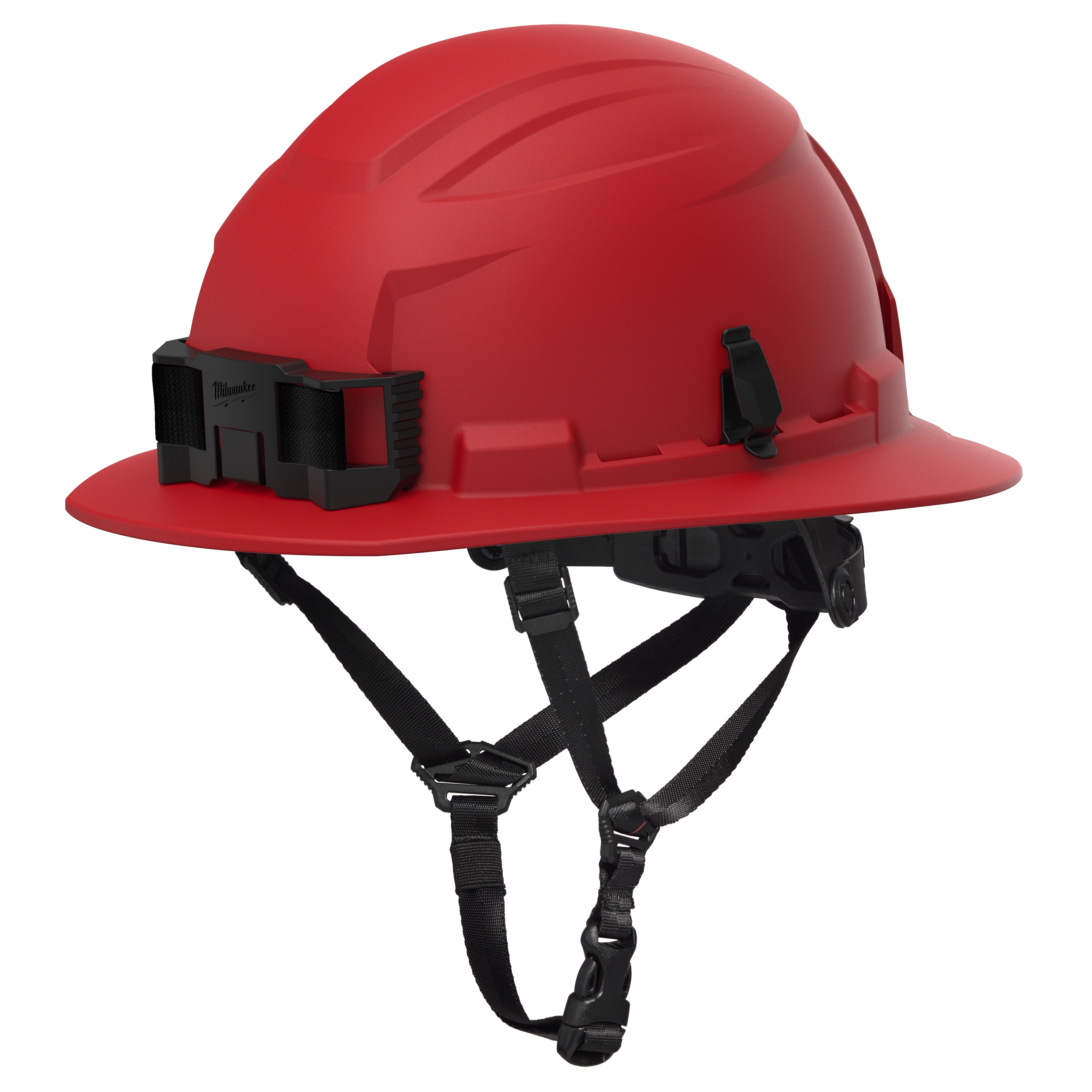 The BOLT™ Red Full Brim Safety Helmet – Type 2, Class E features a red, full-brim design with black attachments, including brackets for accessories and an adjustable chin strap for secure fit.