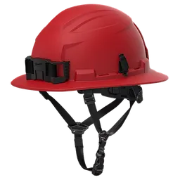 The BOLT™ Red Full Brim Safety Helmet – Type 2, Class E features a red, full-brim design with black attachments, including brackets for accessories and an adjustable chin strap for secure fit.