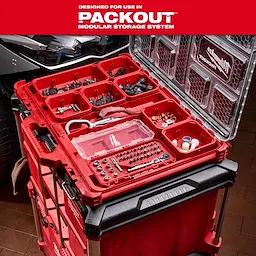 44pc. 1/4” Hex Drive Mini Flex Head Ratchet & Bit Set organized in a red modular storage case with open compartments.
