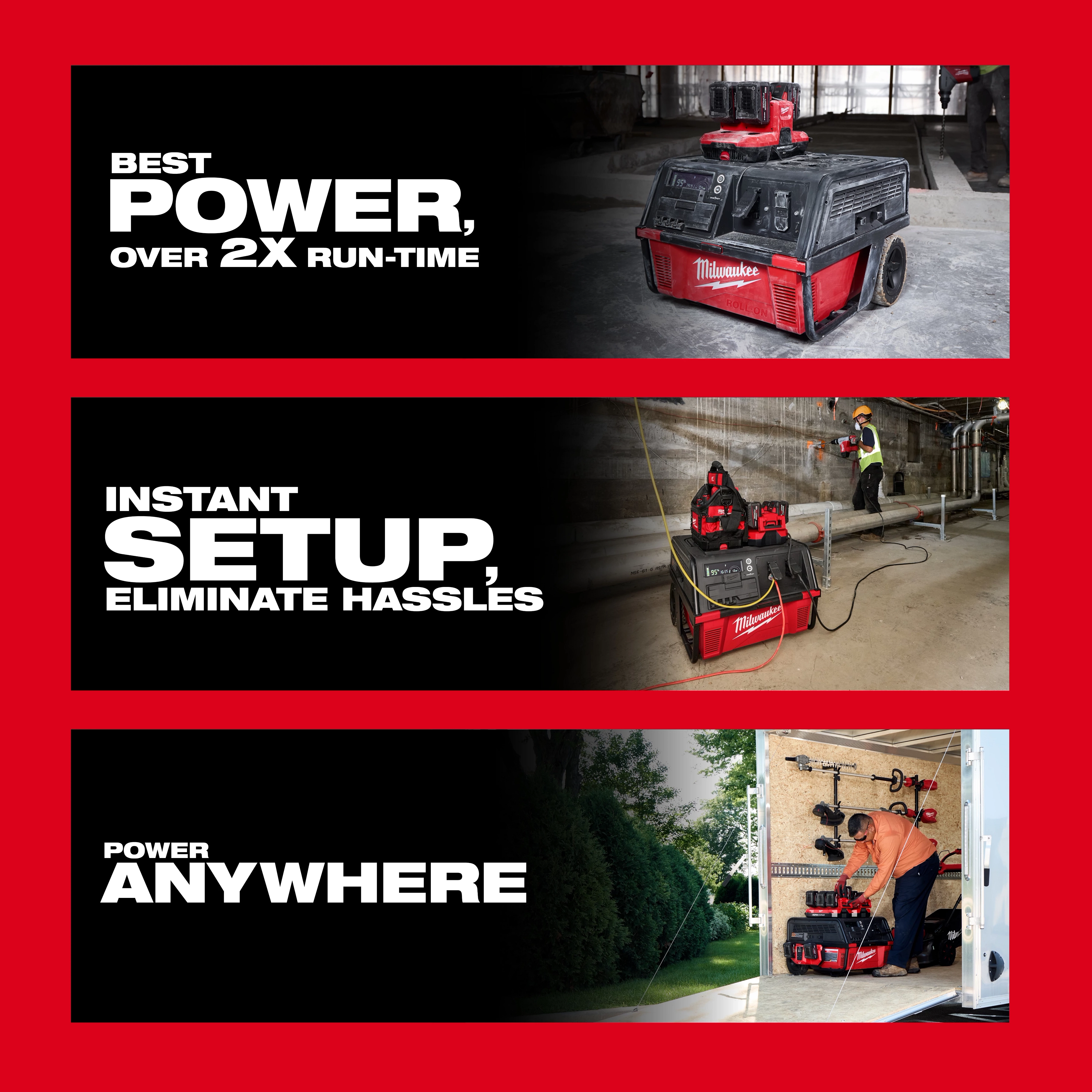 ROLL-ON 7200W/3600W 6.0kWh Power Supply shown in close-up and in use at indoor and outdoor work sites.