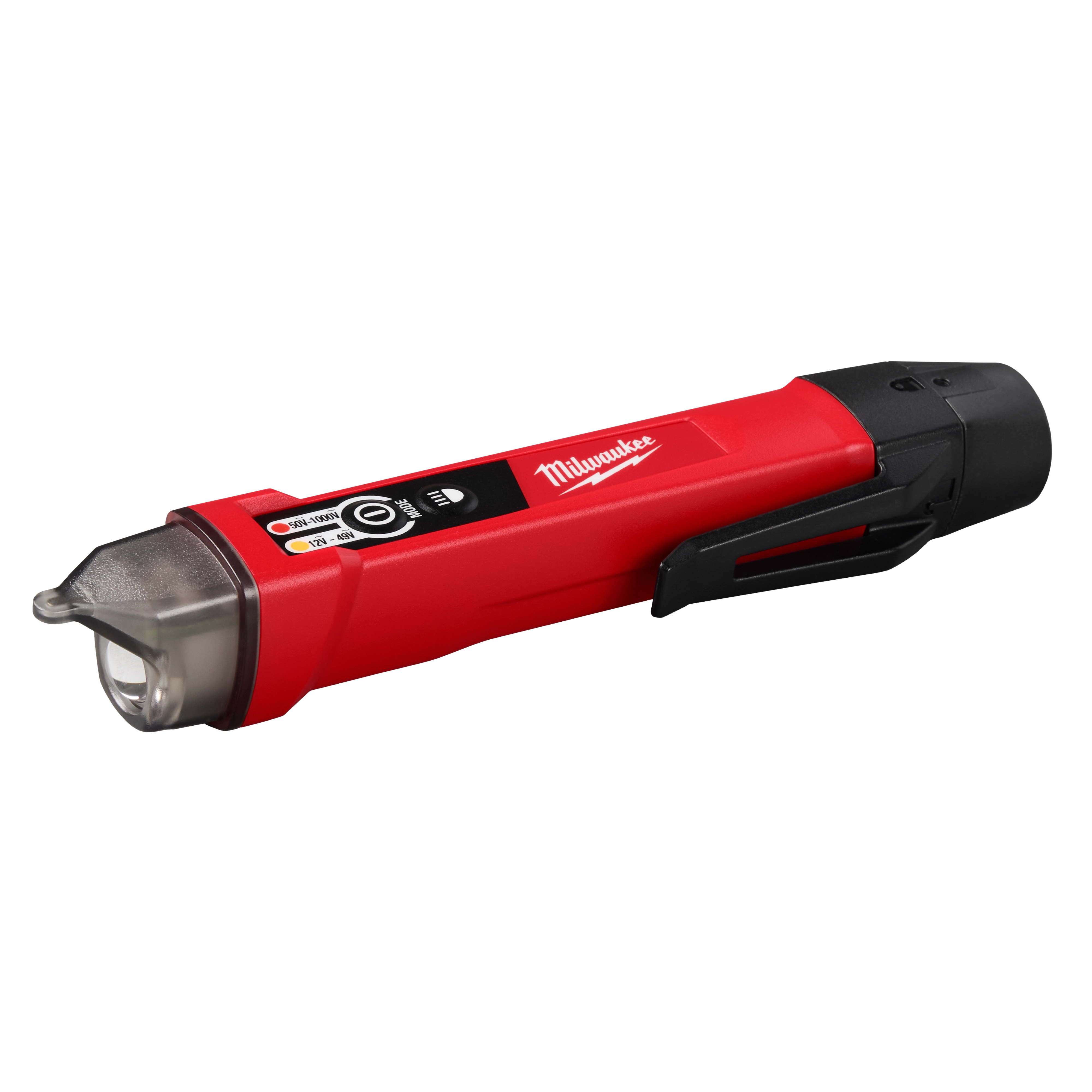 Dual Range Voltage Detector w/ LED is a red handheld tool with black accents, used for detecting voltage ranges. It features LED indicators, a clip for easy carrying, and control buttons on the side. The tip has a transparent cover protecting the voltage detection sensor.