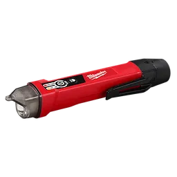 Dual Range Voltage Detector w/ LED is a red handheld tool with black accents, used for detecting voltage ranges. It features LED indicators, a clip for easy carrying, and control buttons on the side. The tip has a transparent cover protecting the voltage detection sensor.