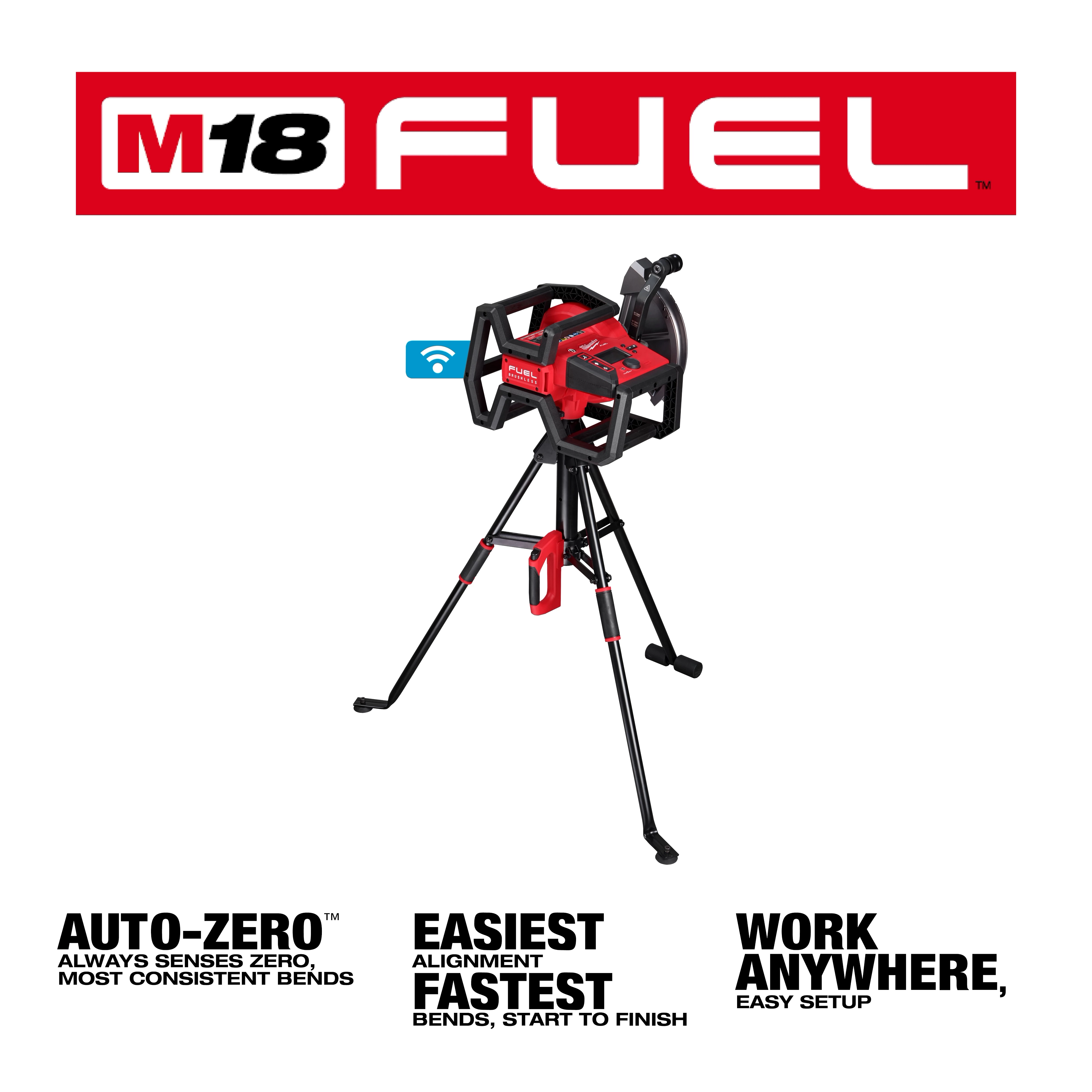 The image shows the M18 FUEL™ BRANCH CONDUIT BENDER with AUTO-ZERO™ feature. The bender is red and black, mounted on a tripod, and includes settings and display. The background highlights features like Auto-Zero™, easiest alignment, fastest bends, and easy setup.