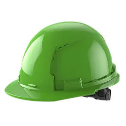 A shiny green hard hat with a brim and adjustable head strap.